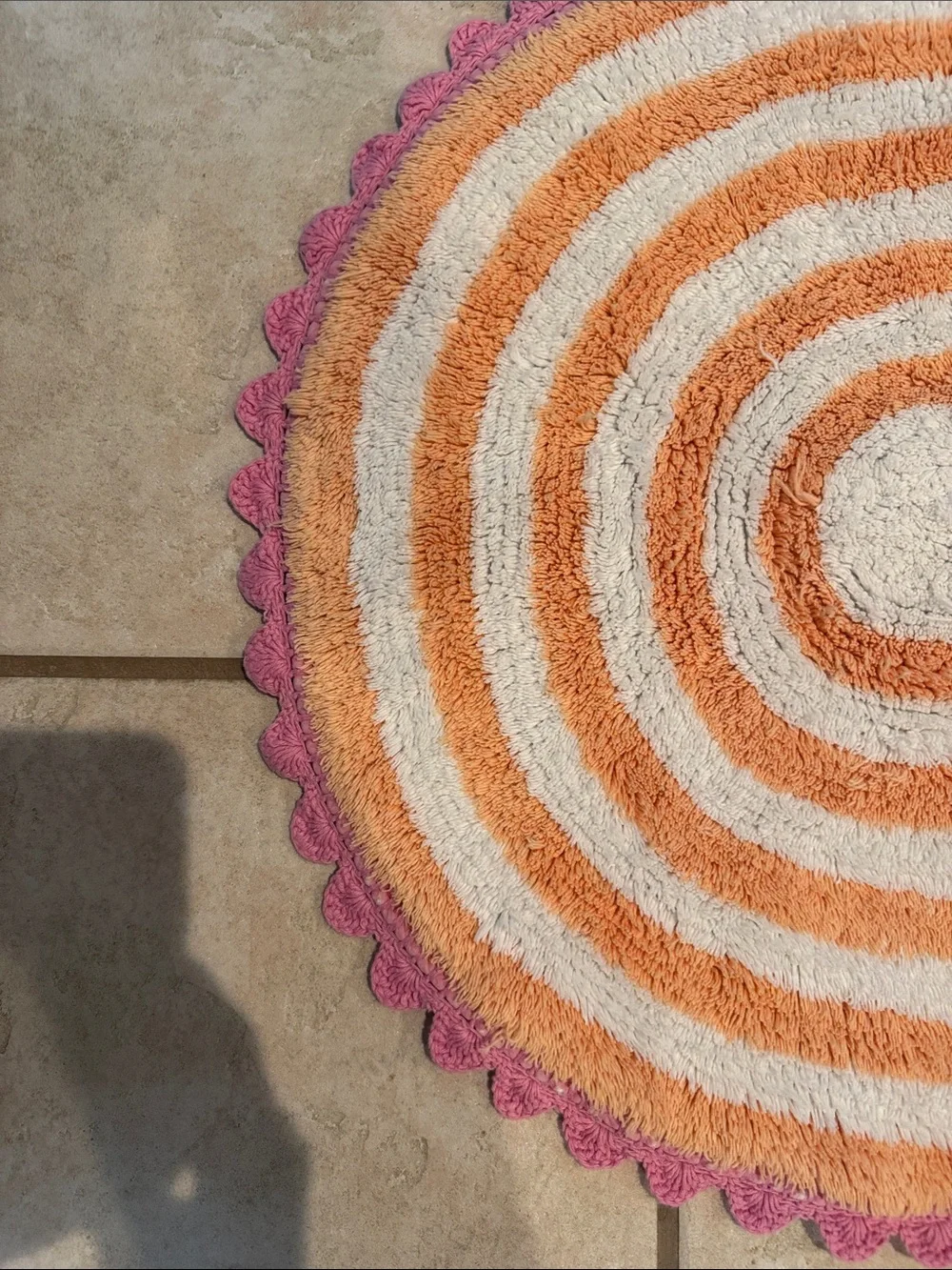Rug Mat White and Orange Striped Oval Door Mat with Pink Scalloped Edge
